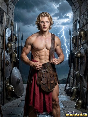 A shirtless blond-haired man in armor stands before lightning