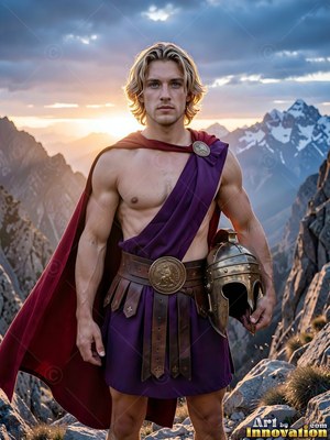 Wearing a purple sash, a bare-chested man holding a helmet stands on a mountain