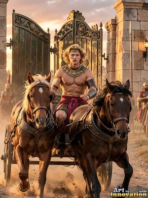 A shirtless man drives a two-horse chariot through tall gates in the warm evening light