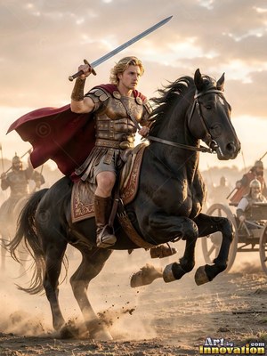 Rearing on a black horse on a battlefield, a man raises a sword in a red cape