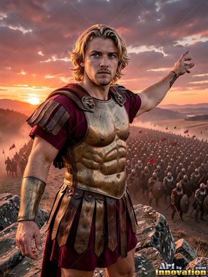 A fair-haired man wearing bronze armor gestures toward his army at sunset