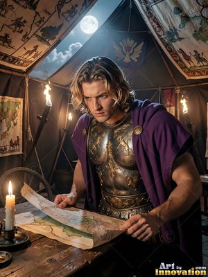 In a candlelit tent, a man in bronze armor and a purple cloak studies a map