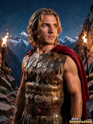 Standing between torches, a young blond man in scale armor looks out over mountains