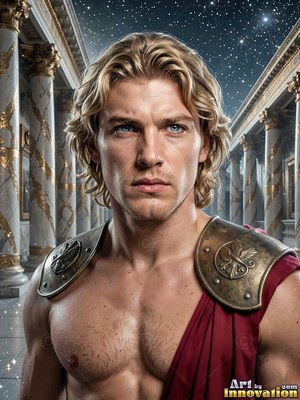 A blond man clad in bronze armor stands before columns under stars