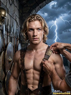Leather harness straps on a shirtless man with blond hair standing by stone walls under a lightning storm
