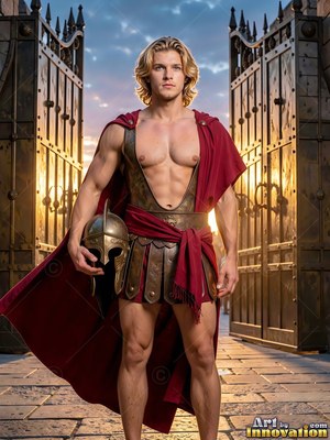 A blond standing man before open gates holding a bronze helmet in warm sunset light