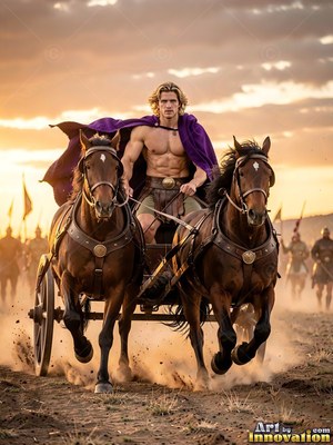 Standing in a chariot, a shirtless man in a purple cape rides across a dusty field