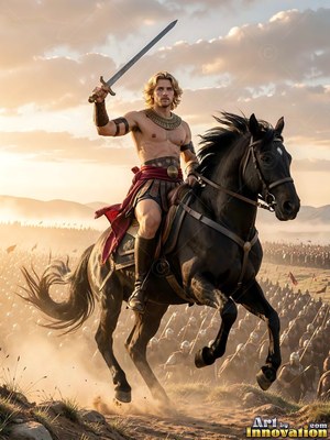 A shirtless blond-haired man raises a sword while riding a black horse before an army