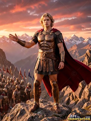 On a rocky mountain, a blond man in bronze armor raises his hand above his army