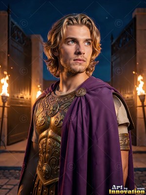 A young adult man in bronze armor and a purple cloak by torches