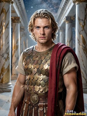 Bronze scale armor covers a blond youthful man standing between tall marble pillars under the night sky