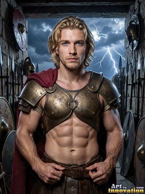 A blond-haired man stands in bronze armor against dark stormy skies lit by lightning