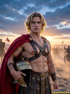 Turned slightly on a dusty battlefield, a young light-haired man holds his bronze helmet