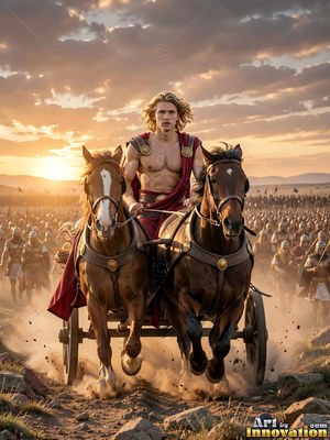A bare-chested fair-haired man in a red cape drives a horse chariot before an army at sunset