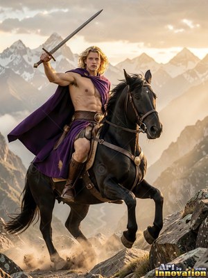 In the mountains, a man in a purple cape raises a sword on a black horse