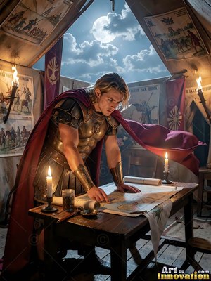 Leaning over a campaign map, a young blond man clad in bronze armor studies plans by candlelight