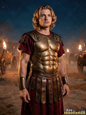 A young light-haired man in a bronze cuirass stands on desert sand at night