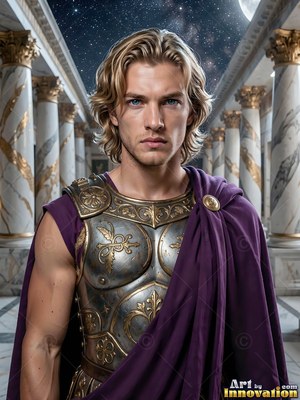In a purple cloak and bronze cuirass, a man in his youth stands by columns under the night sky
