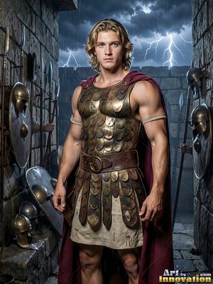 A fair-haired man stands in bronze armor as white lightning cuts through dark clouds