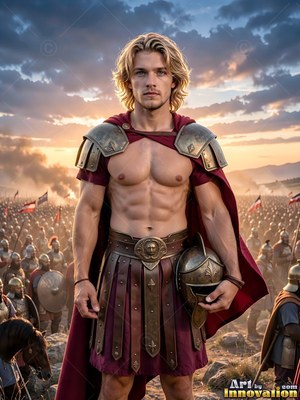 Facing forward on a dusty battlefield, a bare-chested young adult man stands before an army