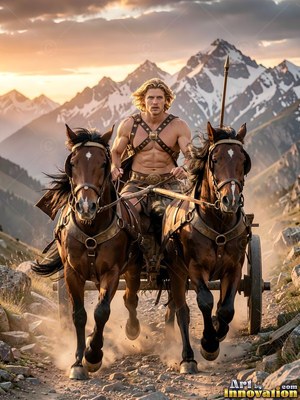 A shirtless young adult man drives a chariot pulled by two brown horses in the mountains