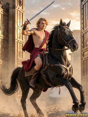 At bronze city gates, a shirtless man in a red cape rides a rearing black horse