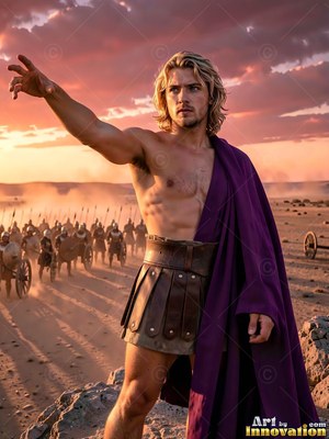Reaching out his arm, a bare-chested blond man in a purple cloak leads an army at sunset
