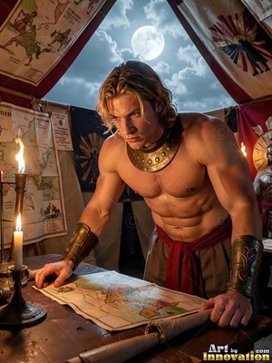 A shirtless man leans over a map on a table inside a tent