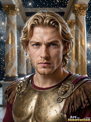 A fair-haired man is standing in bronze armor before stone columns under night sky sparkles