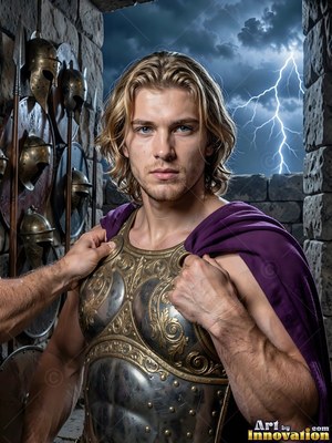 Facing forward in a stone fortress, a man in his youth wears armor under lightning