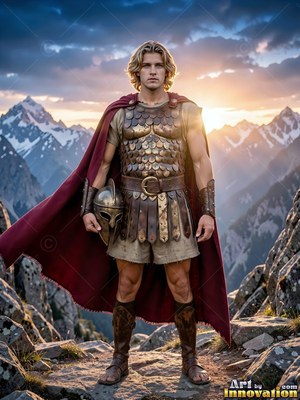 A man with blond hair in bronze armor stands on a rocky mountain at sunset