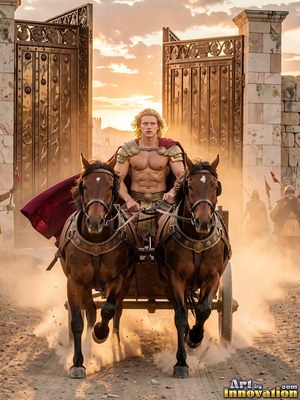 At tall bronze gates, a blond man in a chariot rides two brown horses into dust