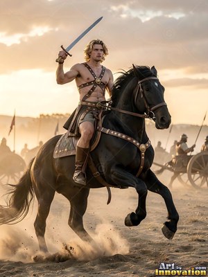 Rearing up on a black horse, a young man raises a sword in a dusty field