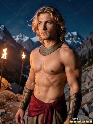 Wearing a bronze collar, a shirtless youthful man stands standing in the mountains near torches at night