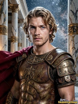 A young blond-haired man stands in bronze armor before marble pillars under a dark starry sky