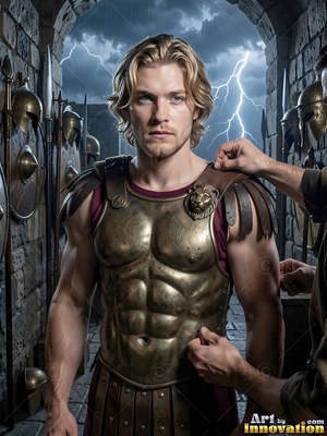 Facing forward in a stone armory, a blond man is fitted into bronze armor