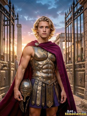 A fair-haired man in bronze armor and a purple cape stands outside tall iron gates