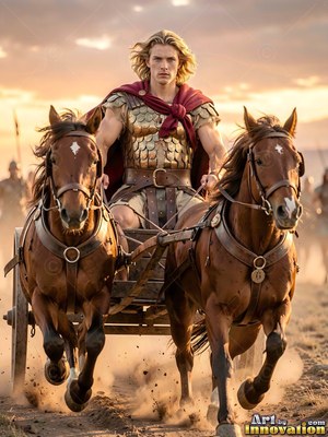On a dirt road, a blond man in a bronze cuirass rides a two-horse chariot