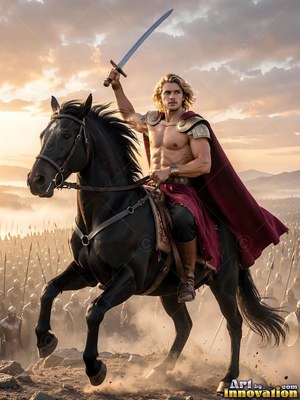 Holding a sword high, a blond-haired man in a red cape rides a black horse before an army