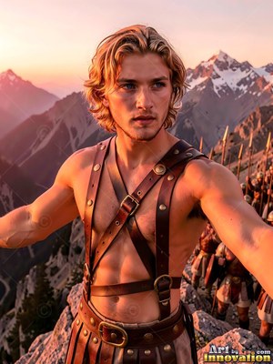 A young blond-haired man in leather armor standing on a mountain peak