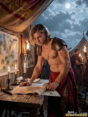 A light-haired man with bronze spaulders leans over a map inside a candlelit tent