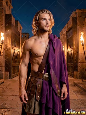 A shirtless man is standing by an open gate wearing a purple cloak lit by torches
