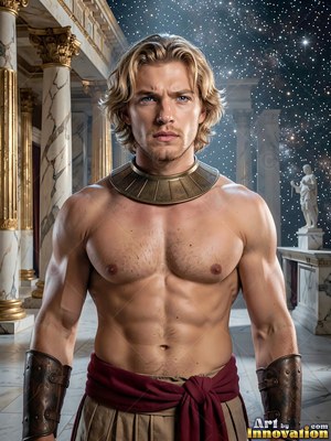 Facing forward, a shirtless man with blond hair stands in a marble temple under starry skies