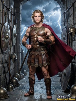 A man wearing bronze armor and a red cape stands in a stone doorway before lightning