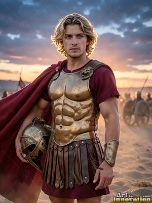 On a dusty battlefield, a young adult man with blond hair stands in a bronze cuirass and red cape