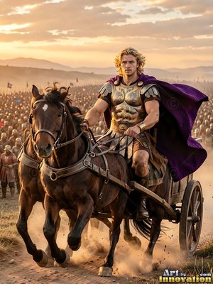Riding a horse chariot, a blond man wears bronze armor and a purple cape before an army