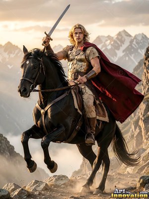A young man in armor raises a sword on a black horse in the mountains