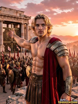 Draped in a crimson cloak, a young blond man gestures before his army outside city gates