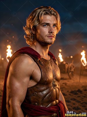 Turned three-quarters in a camp, a blond man wears a bronze cuirass by night torches