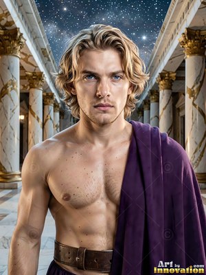 A blond shirtless man wears a purple cloak before palace pillars under stars